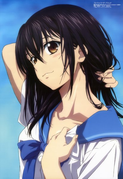 Anime picture 4076x5919 with strike the blood megami magazine himeragi yukina sano keiichi single long hair tall image blush highres black hair brown eyes absurdres official art girl uniform school uniform