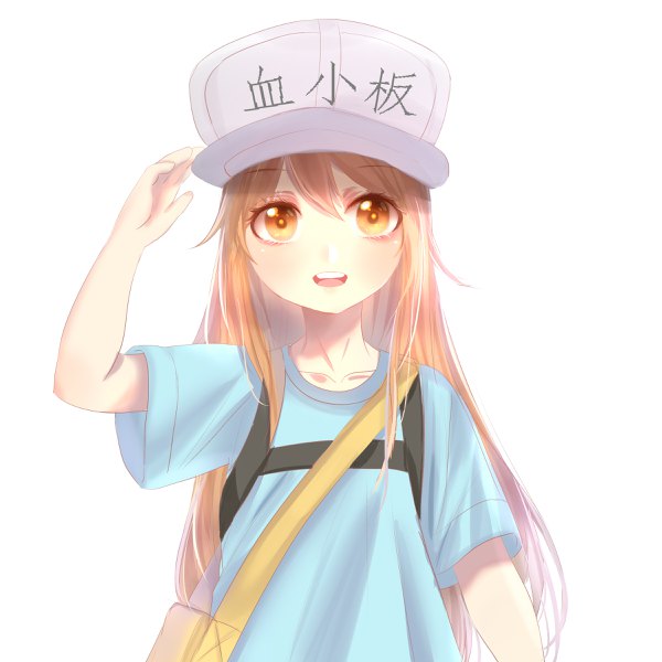 Anime picture 2400x2400 with hataraku saibou david production platelet (hataraku saibou) wuc single long hair looking at viewer fringe highres open mouth simple background smile hair between eyes brown hair white background brown eyes upper body wide sleeves clothes writing adjusting hat