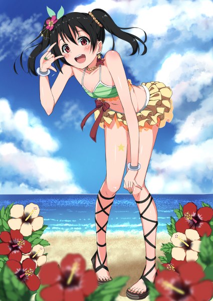 Anime picture 850x1200 with love live! school idol project sunrise (studio) love live! yazawa nico fupe (sealno108) long hair tall image blush open mouth light erotic black hair red eyes twintails sky cloud (clouds) :d beach mmm girl navel