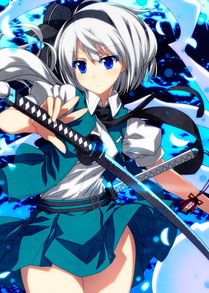 Anime picture 1200x1679 with touhou konpaku youmu myon sazanami mio single tall image short hair blue eyes looking away silver hair fighting stance girl dress skirt weapon miniskirt petals sword necktie hairband