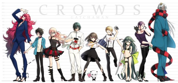 Anime picture 2500x1166 with gatchaman crowds tatsunoko utsutsu ichinose hajime ninomiya rui tachibana sugune o.d. hibiki joe paiman j.j. robison berg katse taishou tanaka long hair looking at viewer fringe highres short hair black hair blonde hair smile