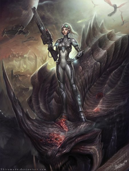 Anime picture 800x1062 with starcraft blizzard entertainment nova (starcraft) paul (shiramune) single long hair tall image looking at viewer breasts blue eyes blonde hair standing lips realistic hand on hip energy blade girl weapon gun suit