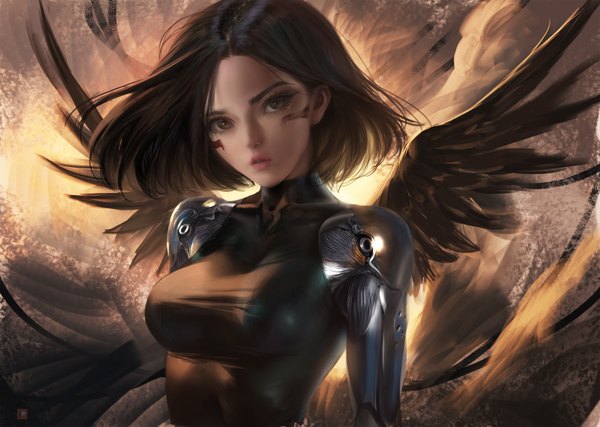Anime picture 3500x2495 with battle angel alita gally sakimichan single looking at viewer highres short hair breasts black hair large breasts brown eyes absurdres upper body parted lips head tilt realistic floating hair facial mark black wings face paint