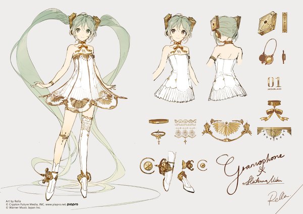 Anime picture 1200x848 with vocaloid miku symphony (vocaloid) crypton future media hatsune miku gramophone miku rella smile twintails green eyes signed full body very long hair green hair official art sleeveless character names multiview asymmetrical legwear girl dress