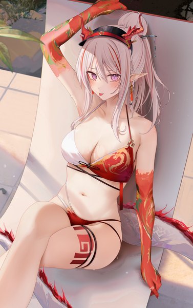 Anime picture 3899x6203 with arknights nian (arknights) ru zhai single long hair tall image looking at viewer blush highres breasts light erotic large breasts purple eyes absurdres silver hair bent knee (knees) tail multicolored hair arm up horn (horns)