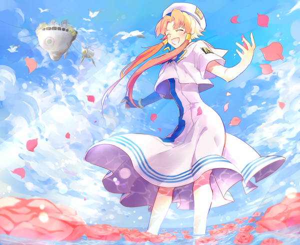 Anime picture 1320x1080 with aria mizunashi akari xxxceller single long hair blush open mouth standing pink hair sky cloud (clouds) eyes closed partially submerged happy spread arms girl uniform animal petals water