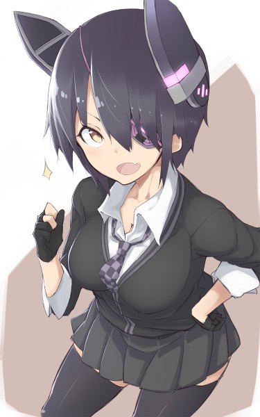 Anime picture 750x1200 with kantai collection tenryuu light cruiser mku (artist) single tall image looking at viewer blush short hair open mouth black hair hair between eyes yellow eyes from above hand on hip girl thighhighs uniform hair ornament black thighhighs school uniform