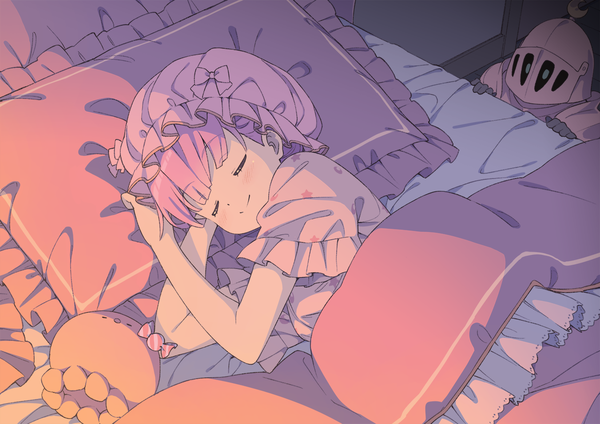 Anime picture 1351x955 with virtual youtuber hololive himemori luna luknight (himemori luna) kanzaki hiro single blush short hair smile pink hair indoors lying eyes closed short sleeves floral print on side light sleeping under covers girl