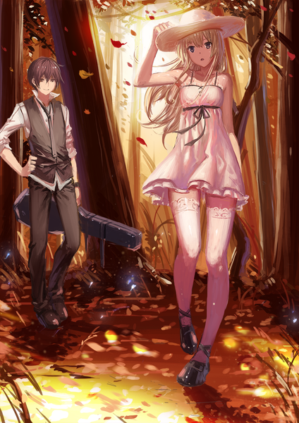 Anime picture 707x1000 with original emp long hair tall image looking at viewer short hair blonde hair smile brown hair standing purple eyes bare shoulders holding brown eyes parted lips sunlight open collar twisty sleeves girl thighhighs