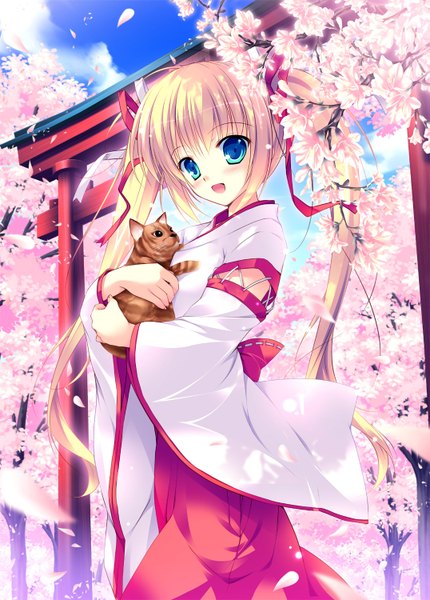 Anime picture 1075x1500 with original mikeou long hair tall image blush open mouth blue eyes blonde hair twintails traditional clothes japanese clothes cherry blossoms miko girl ribbon (ribbons) hair ribbon petals cat