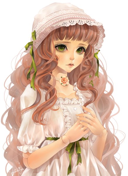 Anime picture 905x1243 with original luleiya single tall image fringe simple background brown hair white background green eyes very long hair wavy hair girl dress hair ornament flower (flowers) ribbon (ribbons) hat white dress rose (roses) beads