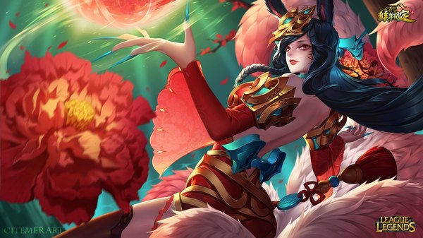 イラスト 1024x576 と league of legends ahri (league of legends) 愚子citemer ソロ 長髪 カメラ目線 黒髪 赤い目 wide image 獣耳 尻尾 animal tail fingernails 壁紙 狐耳 facial mark 狐尻尾 狐っ娘 long fingernails multiple tails