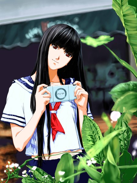 Anime picture 3000x4000 with original jian huang single long hair tall image highres black hair red eyes absurdres girl plant (plants) serafuku camera psp