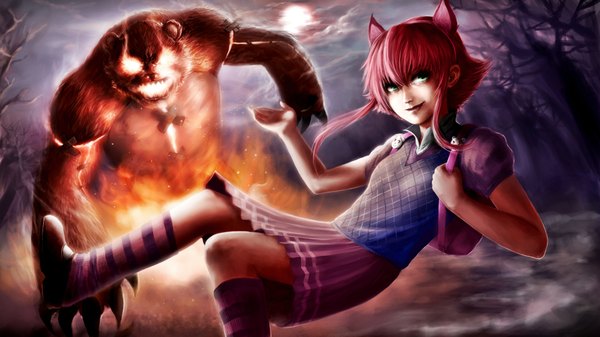 Anime picture 1920x1080 with league of legends annie (league of legends) tibbers (league of legends) sliverel (artist) single highres wide image green eyes animal ears looking away cloud (clouds) red hair light smile jumping girl skirt plant (plants) animal tree (trees) moon