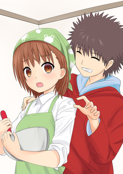 Anime picture 752x1062 with to aru kagaku no railgun to aru majutsu no index j.c. staff misaka mikoto kamijou touma gekota leaf1031 tall image blush fringe short hair open mouth black hair brown hair brown eyes looking away eyes closed embarrassed couple clenched teeth