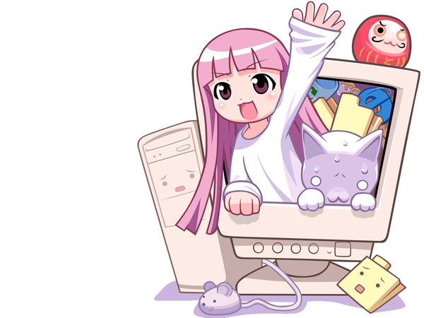 Anime picture 1024x768 with original internet explorer toromi (toromix2) single long hair looking at viewer blush fringe open mouth white background purple eyes pink hair upper body blunt bangs long sleeves :d arm up sleeves past wrists vector third-party edit