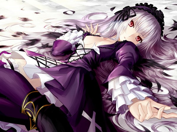 Anime picture 1000x750 with rozen maiden suigintou tonoimo single long hair looking at viewer light erotic red eyes cleavage grey hair lolita fashion girl thighhighs dress wings frills headdress hairband feather (feathers)