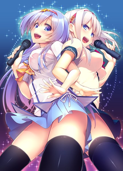 Anime picture 1323x1840 with original giuniu long hair tall image looking at viewer blush short hair open mouth blue eyes light erotic smile multiple girls silver hair sparkle singing girl thighhighs 2 girls hairband microphone
