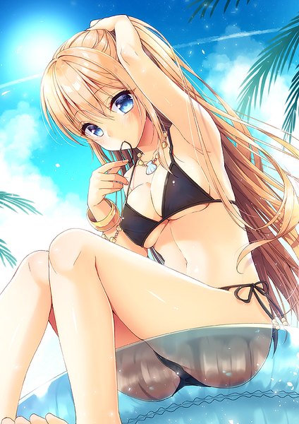 Anime picture 600x849 with original moe2018 aoshima kanae single long hair tall image looking at viewer blush fringe breasts blue eyes light erotic blonde hair hair between eyes sitting bare shoulders holding payot sky cloud (clouds)