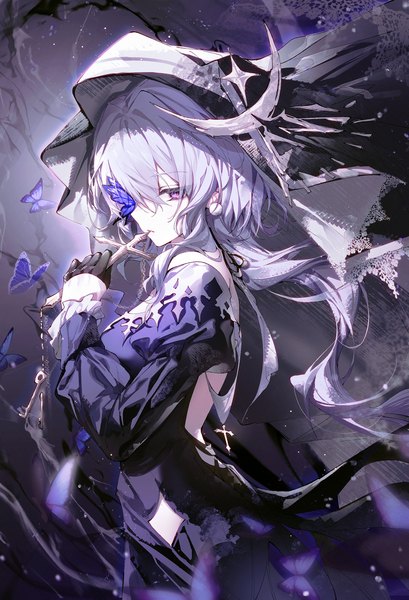 Anime picture 3000x4400 with arknights whisperain (arknights) whisperain (priory of abyss) (arknights) shiro kanae single long hair tall image looking at viewer highres breasts standing purple eyes silver hair turning head official alternate costume covering eye (eyes) nun gothic girl gloves