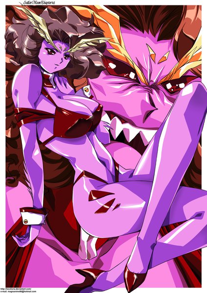 Anime picture 2480x3507 with bishoujo senshi sailor moon toei animation sailor moon monster book dd girls hinomars19 tall image looking at viewer fringe highres short hair breasts light erotic red eyes brown hair large breasts cleavage teeth crossed legs border covered nipples