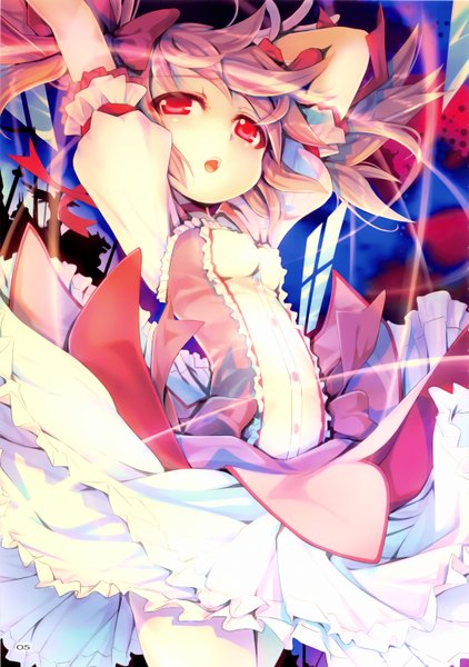 Anime picture 2111x3000 with mahou shoujo madoka magica shaft (studio) kaname madoka mikazuki akira tall image looking at viewer blush highres short hair open mouth red eyes twintails pink hair scan short twintails girl dress bow hair bow frills