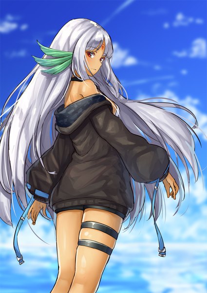Anime picture 708x1000 with azur lane massachusetts (azur lane) pensuke single long hair tall image looking at viewer blush fringe red eyes standing bare shoulders holding sky silver hair cloud (clouds) outdoors long sleeves looking back from behind