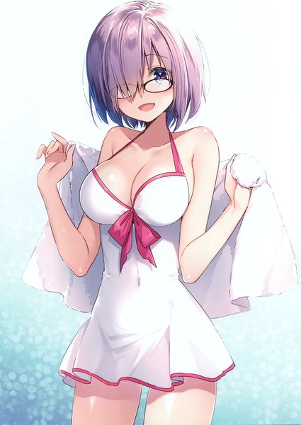 Anime picture 2103x2968 with fate (series) fate/grand order mash kyrielight mash kyrielight (swimsuit of perpetual summer) masuishi kinoto single tall image looking at viewer blush fringe highres short hair breasts open mouth light erotic simple background smile large breasts standing purple eyes