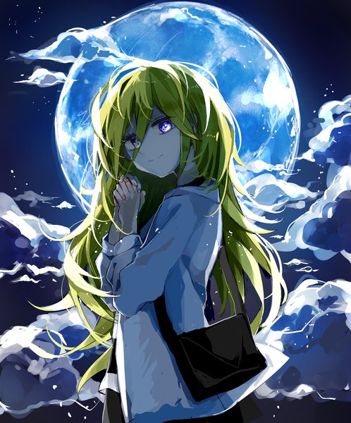 Anime picture 1393x1677 with satsuriku no tenshi ray (satsuriku no tenshi) kn-29 single long hair tall image looking at viewer fringe blonde hair smile hair between eyes purple eyes cloud (clouds) upper body long sleeves head tilt night sparkle night sky hands clasped