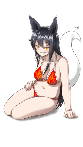 Anime-Bild 720x1280 mit league of legends ahri (league of legends) single long hair tall image blush light erotic black hair smile animal ears yellow eyes tail animal tail arm support hand on hip fox ears facial mark fox tail whisker markings smirk