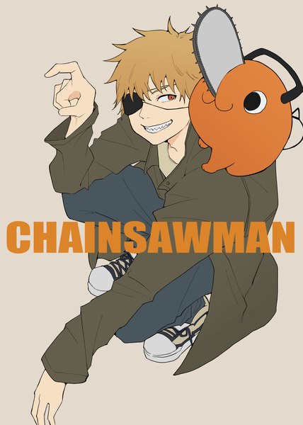 Anime picture 2122x2976 with chainsaw man mappa denji (chainsaw man) pochita (chainsaw man) takosuke (gyzp7373) single tall image highres short hair simple background blonde hair smile red eyes grey background copyright name grin squat boy eyepatch creature