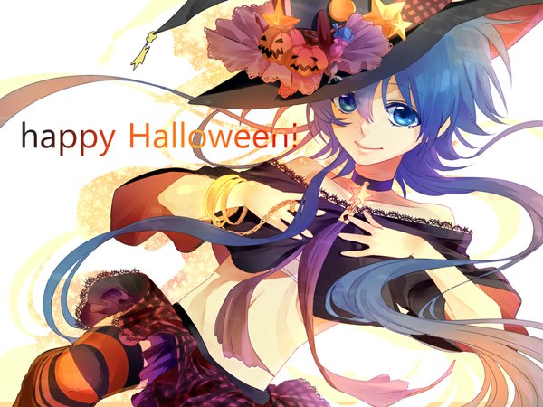 Anime picture 1000x750 with magi the labyrinth of magic a-1 pictures aladdin (magi) g.g.lemon single long hair blue eyes smile bare shoulders blue hair midriff alternate costume alternate hairstyle halloween happy halloween thighhighs boy skirt hat bracelet