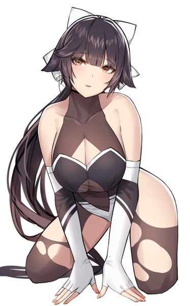 Anime picture 784x1260 with azur lane takao (azur lane) takao (full throttle charmer) (azur lane) siu (siu0207) single long hair tall image looking at viewer blush fringe breasts open mouth light erotic black hair simple background hair between eyes large breasts white background bare shoulders brown eyes