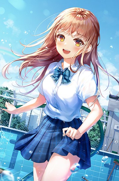 Anime picture 727x1100 with original connie (keean2019) single long hair tall image looking at viewer blush open mouth brown hair standing brown eyes sky cloud (clouds) outdoors :d pleated skirt dutch angle girl skirt uniform