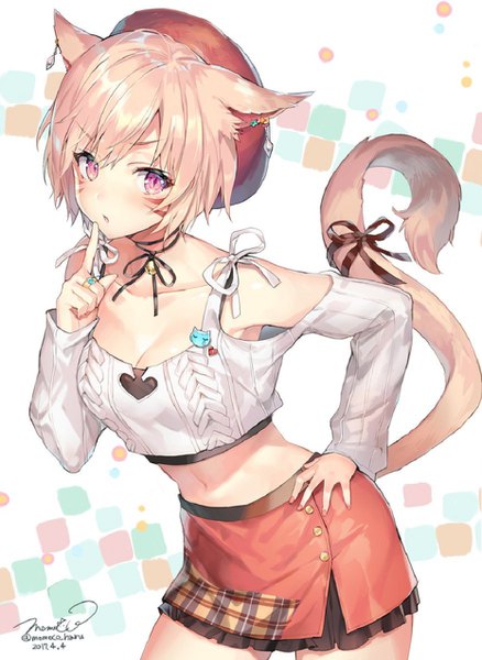 Anime picture 930x1274 with final fantasy final fantasy xiv square enix miqo'te momoko (momopoco) single tall image looking at viewer blush fringe short hair blonde hair standing bare shoulders signed animal ears cleavage tail long sleeves nail polish