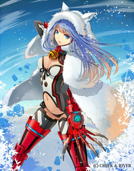 Anime-Bild 743x946 mit original hirobee single long hair tall image looking at viewer fringe breasts blue eyes light erotic standing signed animal ears blue hair sky parted lips multicolored hair orange hair two-tone hair bare belly