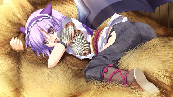 Anime picture 1024x576 with kamidori alchemy meister short hair wide image yellow eyes game cg purple hair girl wings