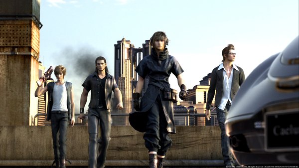 Anime picture 1920x1080 with final fantasy final fantasy xiii square enix noctis lucis caelum highres short hair brown hair wide image realistic group walking 3d boy gloves glasses gun ground vehicle car