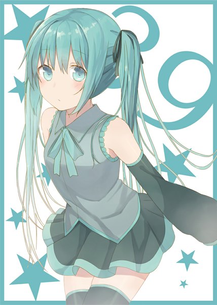 Anime picture 825x1156 with vocaloid hatsune miku nagitoki single long hair tall image looking at viewer blush twintails bare shoulders aqua eyes aqua hair girl skirt detached sleeves