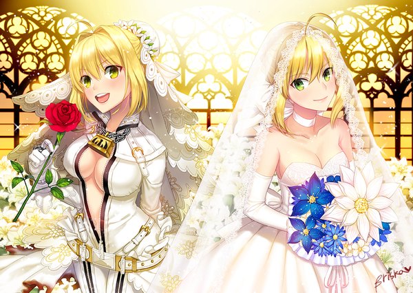 Anime picture 1026x729 with fate (series) fate/stay night fate/extra fate/extra ccc artoria pendragon (all) saber nero claudius (fate) (all) nero claudius (bride) (fate) briska looking at viewer blush short hair breasts open mouth light erotic blonde hair multiple girls green eyes girl dress