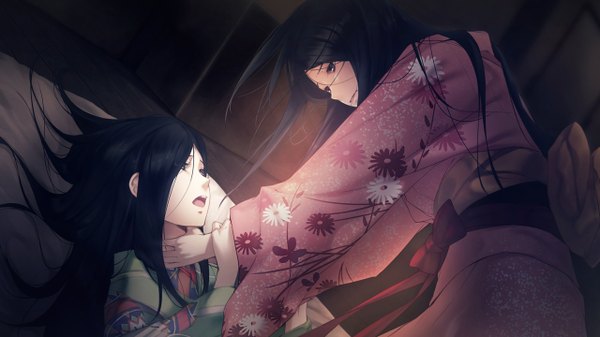 Anime picture 1280x720 with kara no shoujo 2 satsuki (kara no shoujo 2) sugina miki long hair open mouth blue eyes wide image multiple girls blue hair game cg lying traditional clothes japanese clothes night kneeling choking girl bow 2 girls kimono