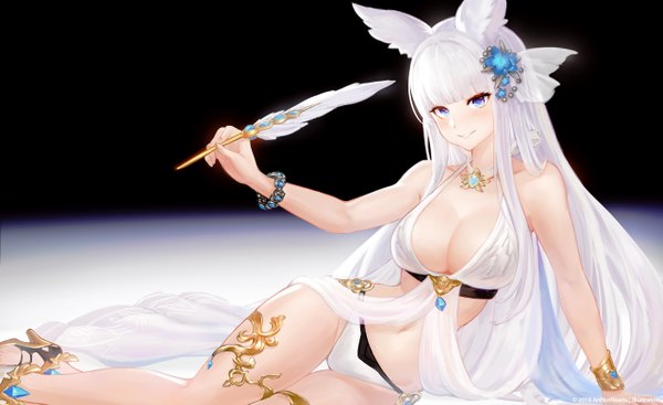 Anime picture 1280x785 with granblue fantasy korwa (granblue fantasy) edward montenegro single looking at viewer blush fringe breasts blue eyes light erotic simple background smile wide image sitting bare shoulders holding animal ears payot cleavage white hair