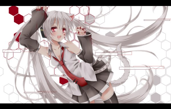 Anime picture 1250x800 with vocaloid hatsune miku mimi (tetoru09) single long hair blush open mouth red eyes twintails animal ears white hair tail animal tail cat ears cat girl cat tail girl thighhighs skirt black thighhighs