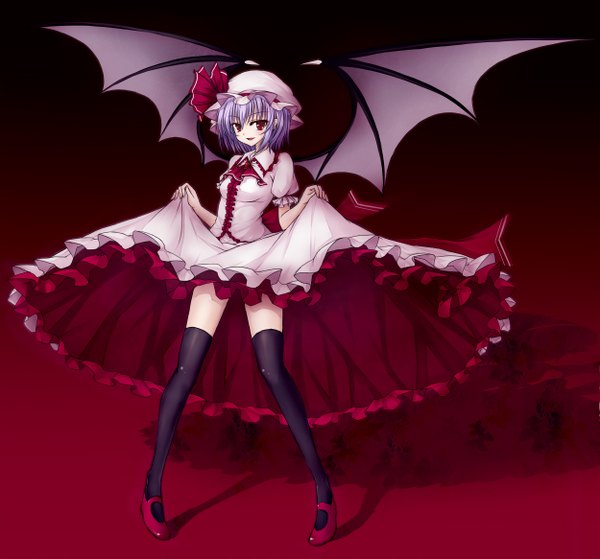 Anime picture 1250x1166 with touhou remilia scarlet utakata (kochou no yume) single looking at viewer short hair smile red eyes purple hair red background dress lift girl thighhighs dress black thighhighs wings frills bonnet