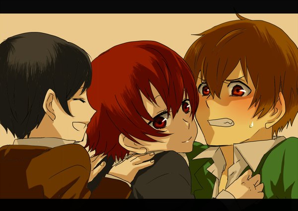 Anime picture 1753x1240 with baccano! firo prochainezo ennis czeslaw meyer razu (artist) blush highres short hair black hair smile red eyes brown hair red hair eyes closed embarrassed open collar laughing girl boy collar