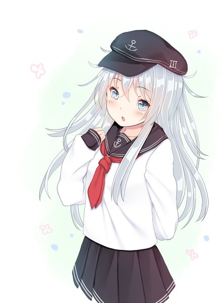 Anime picture 879x1200 with kantai collection hibiki destroyer kiyomin single long hair tall image blush fringe blue eyes simple background white background silver hair :o girl skirt uniform serafuku flat cap anchor symbol flower (symbol)