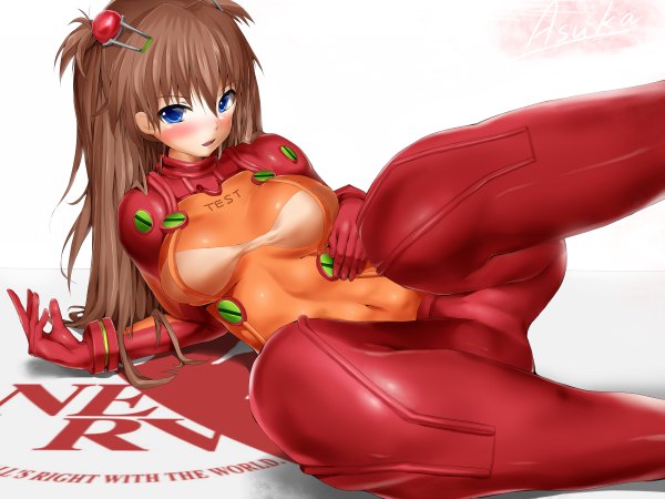 Anime picture 2400x1800 with neon genesis evangelion gainax soryu asuka langley blastbeat single long hair looking at viewer blush fringe highres breasts open mouth blue eyes light erotic simple background brown hair large breasts inscription two side up spread legs