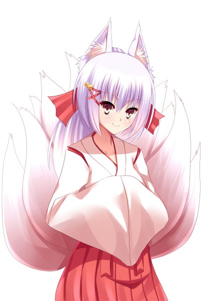 Anime picture 849x1200 with original yappen single tall image looking at viewer short hair simple background smile white background animal ears white hair tail traditional clothes animal tail fox ears fox tail fox girl multiple tails girl