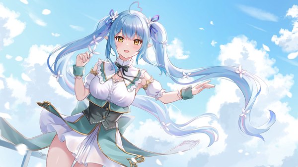 Anime picture 1244x700 with virtual youtuber hololive yukihana lamy yukihana lamy (5th costume) sebu illust single long hair looking at viewer open mouth wide image twintails yellow eyes blue hair sky cloud (clouds) ahoge outdoors :d wind pointy ears