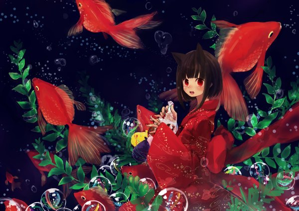 Anime picture 2046x1447 with original miloc (sahara) blush highres short hair open mouth red eyes brown hair animal ears long sleeves nail polish japanese clothes girl plant (plants) water bubble (bubbles) fish (fishes)